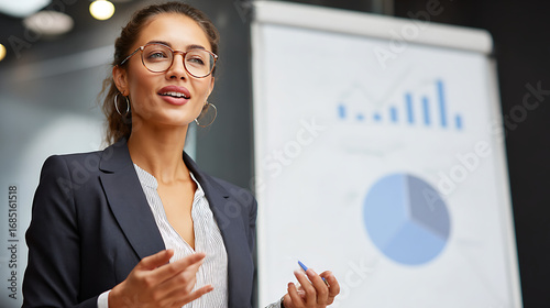 An eloquent businesswoman giving a presentation about improving profitability (3)