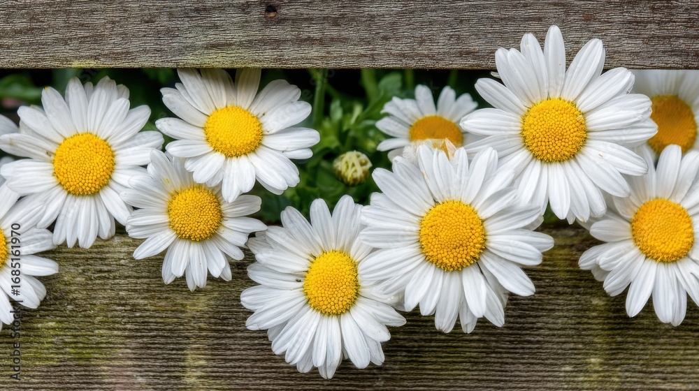 Obraz premium Vibrant daisies blooming along a rustic fence nature photography flower garden close-up view botanical concept