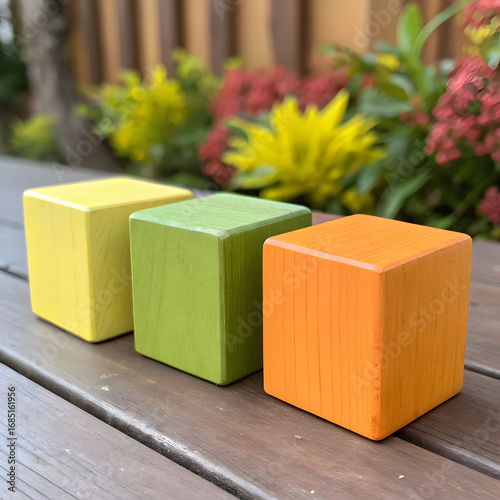 three plain wooden cubes painted in pastel colors