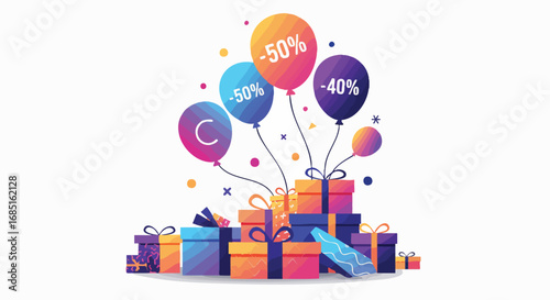 Colorful gift boxes and balloons with discount percentages. Perfect for sales, promotions, and festive celebrations