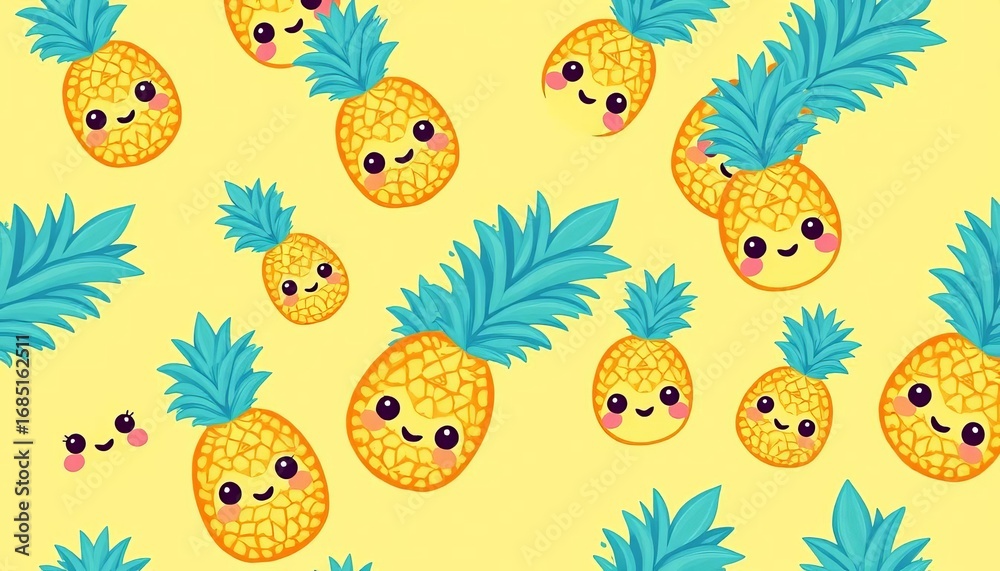 Naklejka premium Adorable kawaii pineapple seamless pattern on sunny yellow background , fruit pattern, background pattern