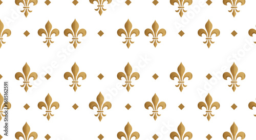 Luxurious Golden Fleur-de-Lis Seamless Pattern with Small Diamonds on White Background. Classic Royal French Heraldry Designs.