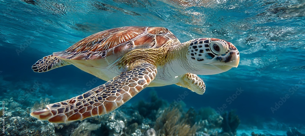 Fototapeta premium Sea turtle swimming ocean wildlife marine animal underwater aquatic reptile nature photography travel vacation