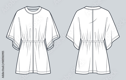 Kimono Sleeve Dress with Elastic Waist Technical Fashion Illustration. Jersey Dress fashion technical drawing template, front and back view, mini length, crew neck, loose fit, white, women CAD mockup.
