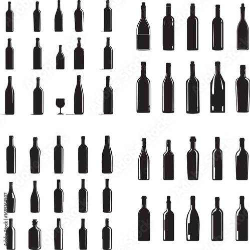 Collection of various wine bottle silhouettes isolated on white background