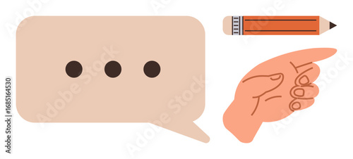 Speech bubble with ellipsis, pointing hand gesture, and pencil indicate dialogue, communication, and collaboration. Ideal for writing, feedback, education, teamwork messaging creativity simple