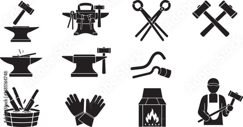 Black Silhouette Icons of Blacksmithing Tools and Equipment forge anvil