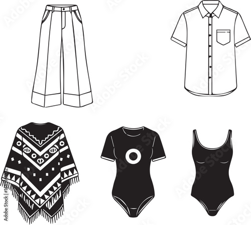 Collection of Fashion Garments and Accessories in Outline and Silhouette Style Keywords: clothing, fashion, apparel, garments, style, outfit, wear, attire, dress, shirt, pants, swimwear, poncho
