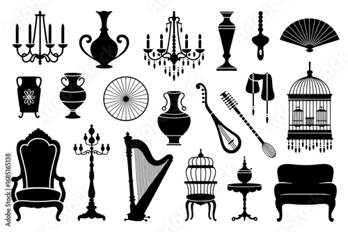 Collection of 20 Vintage-Style Silhouette Icons: Chandeliers, Vases, Musical Instruments, Furniture, and More