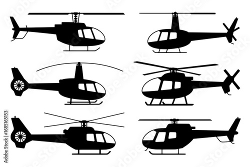 Six Black Silhouette Helicopter Icons: Variations in Rotor and Tail Design