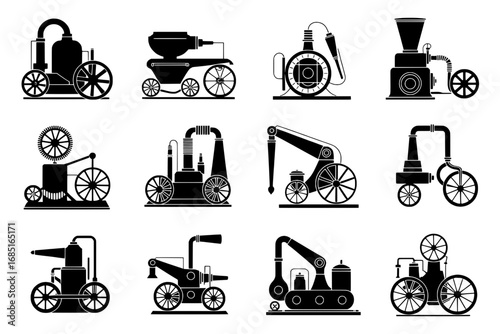 Twelve Vintage Steam-Powered Machines: A Collection of Black Silhouette Icons