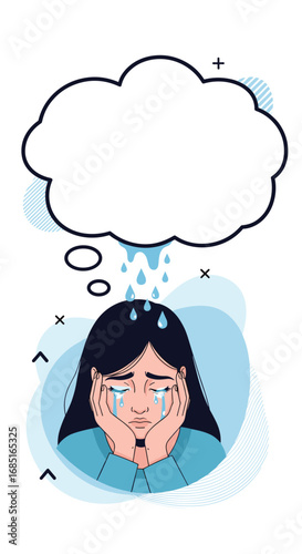 Sad young woman crying with tears falling like rain from an empty thought bubble overhead