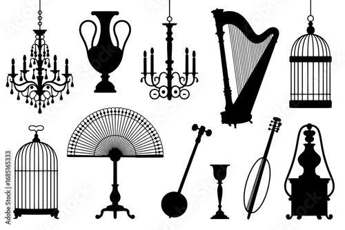 Twelve Elegant Black Silhouettes: Chandeliers, Harp, Birdcages, Vase, Fan, and Musical Instruments