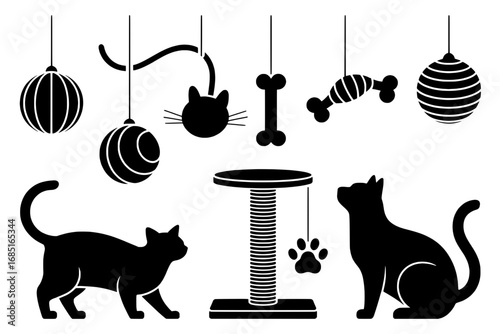 Set of 12 Black Silhouette Cat Toys and Cats Icons:  Ornaments, Catnip Toys, Scratching Post, and Cats