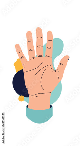 Five fingers open hand gesture showing palm with abstract shapes background concept for communication or greeting