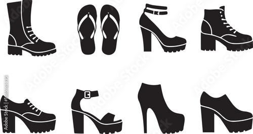 Eight black silhouette icons depicting a variety of women's and men's footwear styles shoes boot