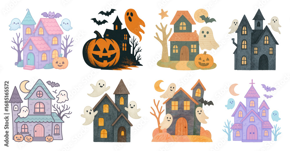 Naklejka premium PNG Whimsical haunted house illustrations, element set on transparent background
