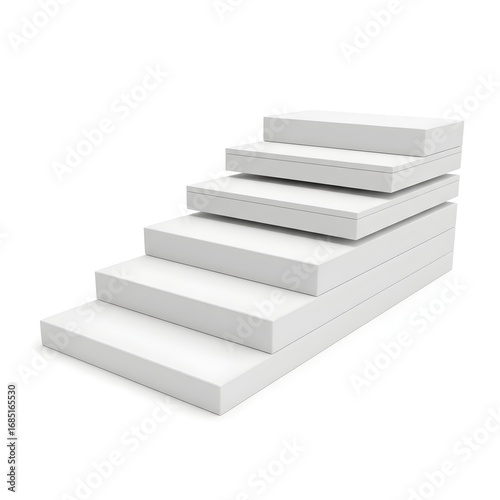 White podium shaped like ascending stair steps  abstract layered concept  isolated on seamless white. 