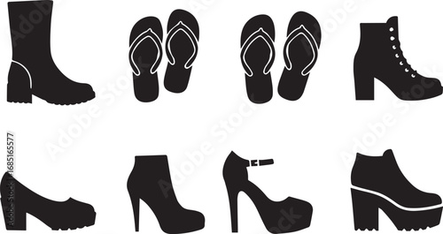 Group of eight black silhouette icons representing different shoe styles and boots footwear shoes