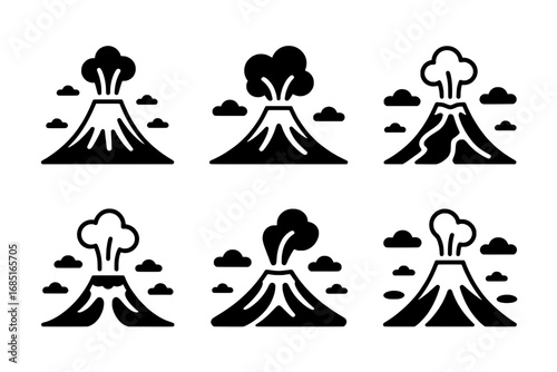 Six Detailed Volcano Icons: Variations in Style and Eruption Visuals