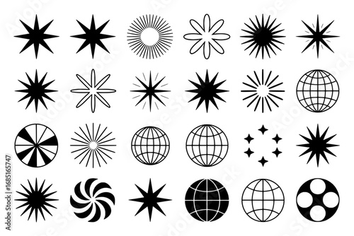 Collection of 24 Black and White Geometric Icons: Stars, Suns, Globes, and Swirls