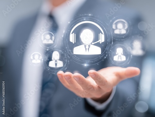 Human resource management, HR, recruitment, leadership and team building. Businessman holding on virtual screen with customer service and support team for quality.