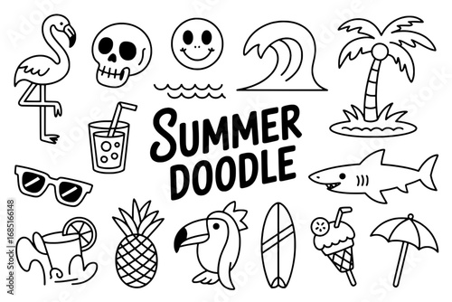 Summer Doodle Icon Set: 15 Black Outline & Solid Icons of Summer Themes