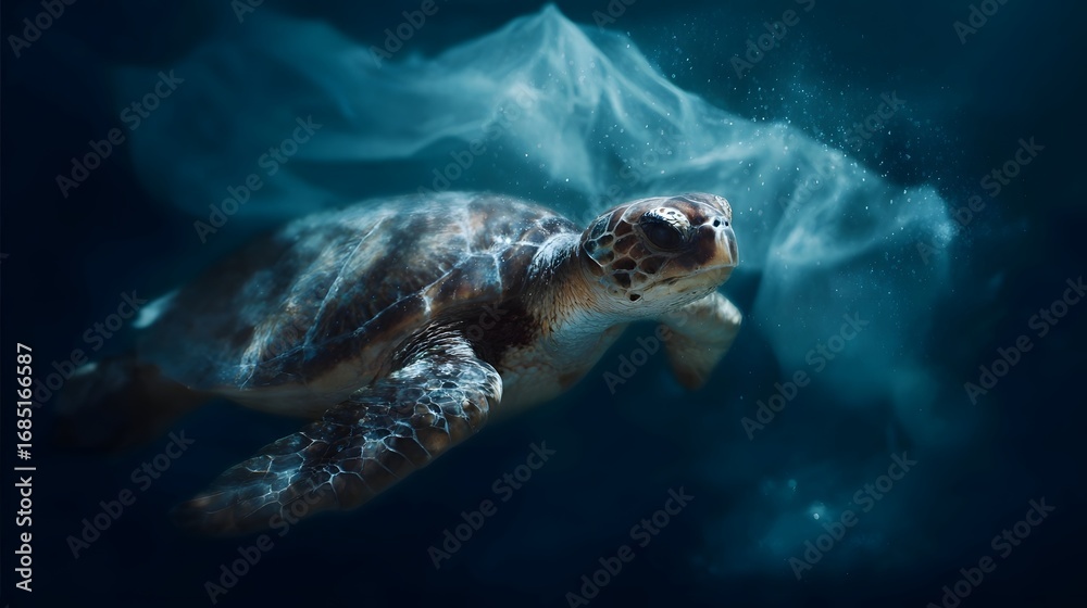 Obraz premium A sea turtle gracefully swims in the deep blue ocean surrounded by harmful plastic debris highlighting marine pollution