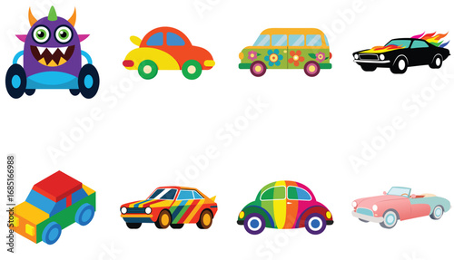 Collection of eight colorful cartoon cars and a monster isolated on white background, showcasing a variety of vehicle designs and styles for childrens illustrations