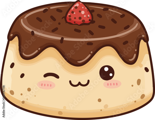 Adorable cartoon pudding with chocolate topping and strawberry. Perfect for kids' menus, dessert websites, or bakery branding