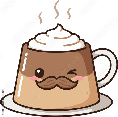 Cute cartoon coffee cup with whipped cream, winking with a mustache on a white background. Concept of coffee shop, cafe, breakfast, or menu design
