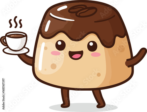Cute cartoon custard pudding character offering a coffee. This sweet illustration is perfect for cafes, menus, or cheerful food-related designs