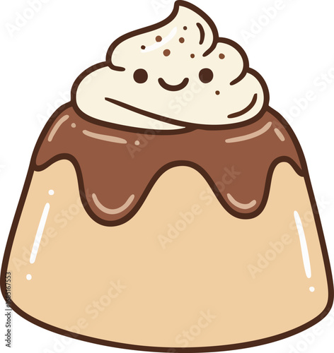 Cute cartoon pudding with chocolate sauce and whipped cream. Perfect for dessert menus, kids' books, or sweet food blogs