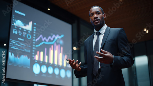 A businessman standing in front of a board displaying graphs about profitability (1)