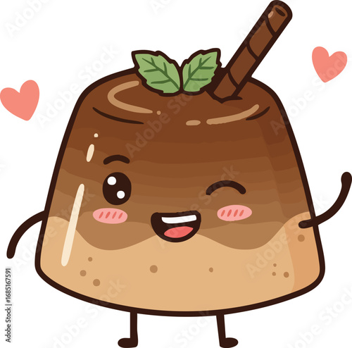 Cute, cheerful cartoon pudding character winking and waving. It features brown layers, mint leaves, a chocolate stick, and pink hearts