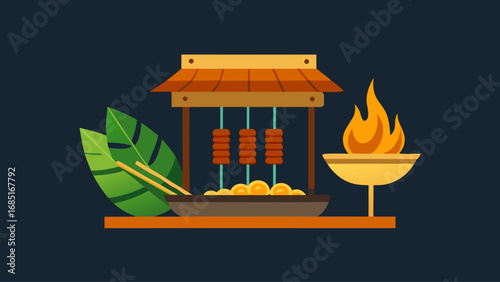 A cartoonish drawing of a food stand with a grill and a fire. The fire is orange and yellow, and the grill is full of food. The stand is surrounded by green leaves