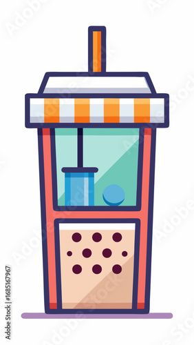 A cartoon drawing of a cup with a straw sticking out of it. The cup is sitting on a table and has a lid on top