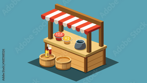 A wooden food stand with a red and white awning. There are several items for sale, including a variety of cakes and pastries