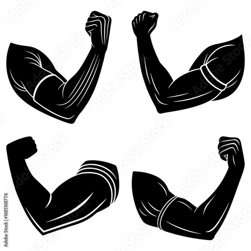 Illustration showing four muscular arms with clenched fists in a symmetrical arrangement design