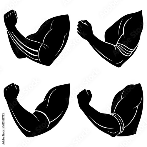 Illustration of four muscular arms flexing with clenched fists in black and white on a white background