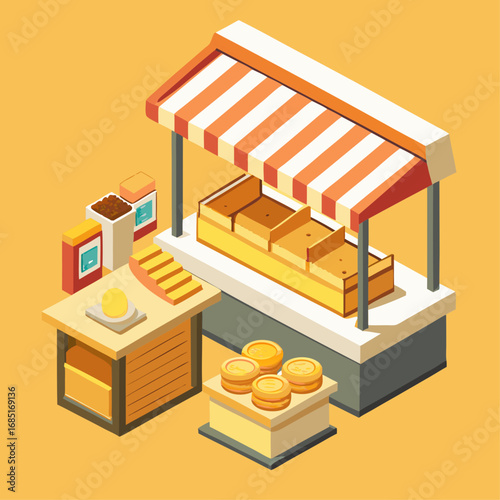 A food stand with a yellow and red awning. There are many different types of food on display, including pastries and cheese