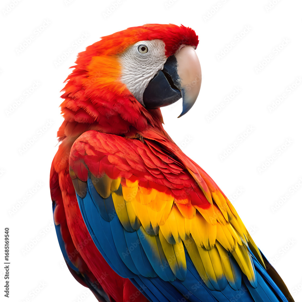 Obraz premium A scarlet macaw with vibrant red, blue, and yellow feathers, isolated on a transparent background