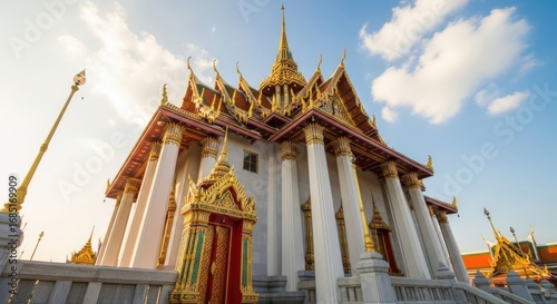 Photo of beautifully decorated buddhist temple in bangkok, thailand, with its intricate architecture, golden details, and serene atmosphere, a testament to the rich cultural heritage