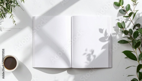 A serene morning scene featuring an open blank journal, a cup of fresh coffee, and beautiful plant shadows on a clean white table