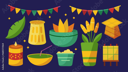 A variety of items, including a potted plant, a fire, a bucket, and a flag. The potted plant is located on the left side of the image, while the fire is situated in the center