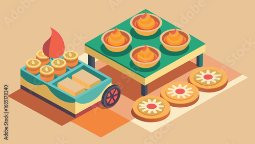 A cart full of yellow and green cupcakes and lemon slices. The cart is on wheels and is being pulled by a person