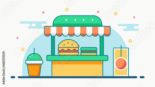 A cartoon drawing of a food stand with a hamburger and a cup of ice cream. The hamburger is on a table with a green umbrella above it. There is also a cup of ice cream next to the hamburger