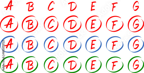 Grade and exam result symbols, hand drawn, with letters, circles, red, blue, green colors.