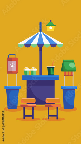 A colorful outdoor cafe with a blue umbrella and a green lamp. There are two benches and two trash cans