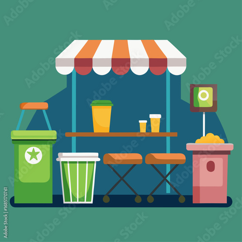 A colorful outdoor cafe with a blue umbrella and a green lamp. There are two benches and two trash cans